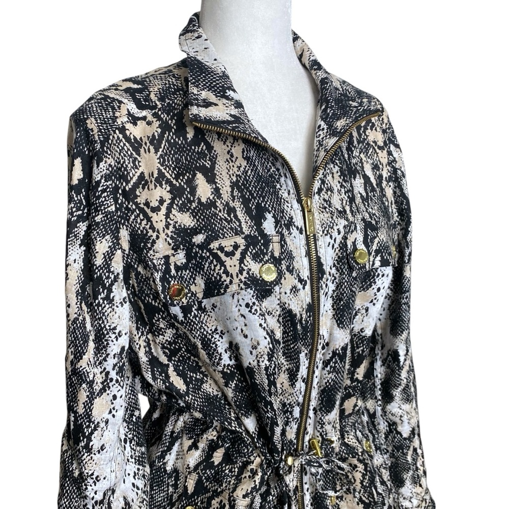 Calvin Klein Linen Lightweight Jacket Snake Animal Print Roll Tab Sleeve Sz L - Picture 4 of 12